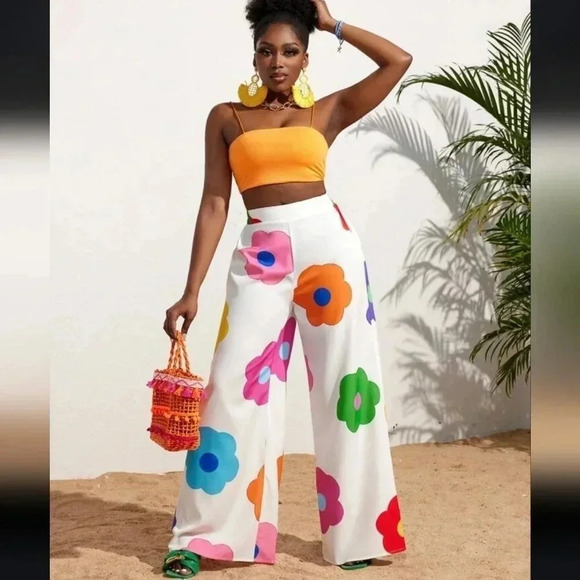 Summer Casual Vacation Colorful Flower All-Over Printed Wide-Leg Pants For Women - Picture 1 of 6